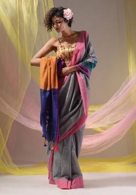 Grey Floral Embroidery Cotton Saree Set