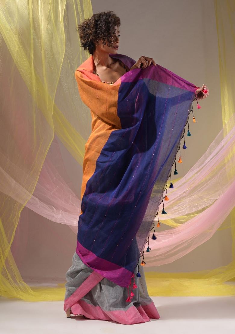 Grey Floral Embroidery Cotton Saree Set - Indya