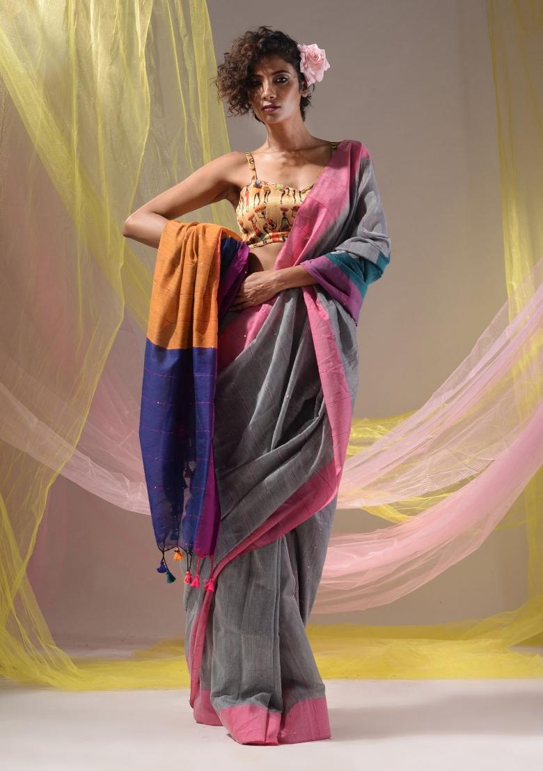 Grey Floral Embroidery Cotton Saree Set - Indya