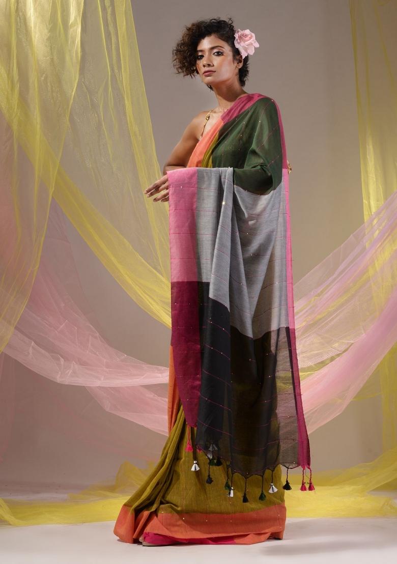 Sheen Green Floral Embroidery Cotton Saree Set - Indya