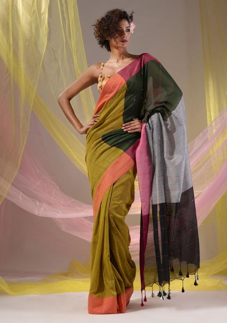 Sheen Green Floral Embroidery Cotton Saree Set - Indya