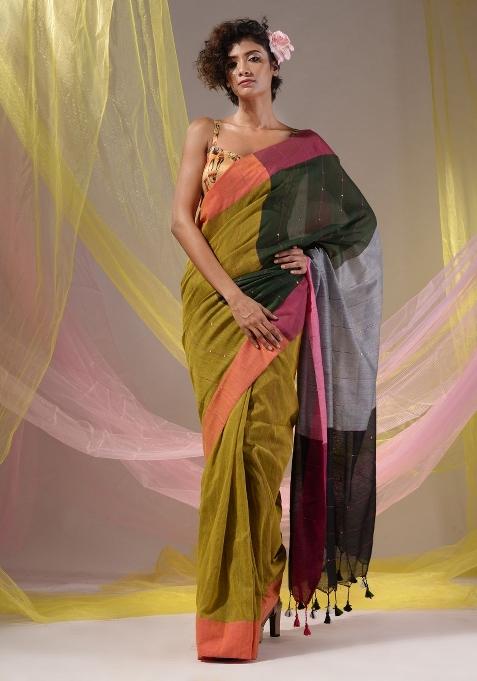 Sheen Green Floral Embroidery Cotton Saree Set