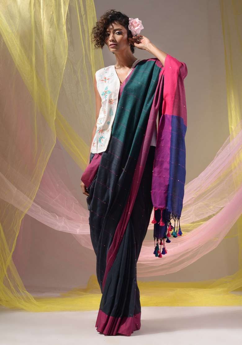 Grey Floral Embroidery Cotton Saree Set - Indya