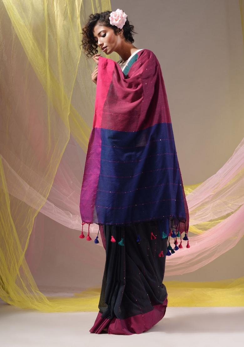 Grey Floral Embroidery Cotton Saree Set - Indya