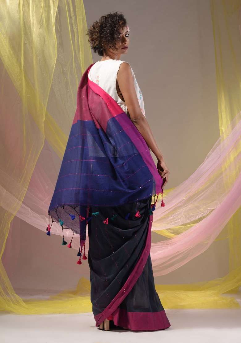 Grey Floral Embroidery Cotton Saree Set - Indya