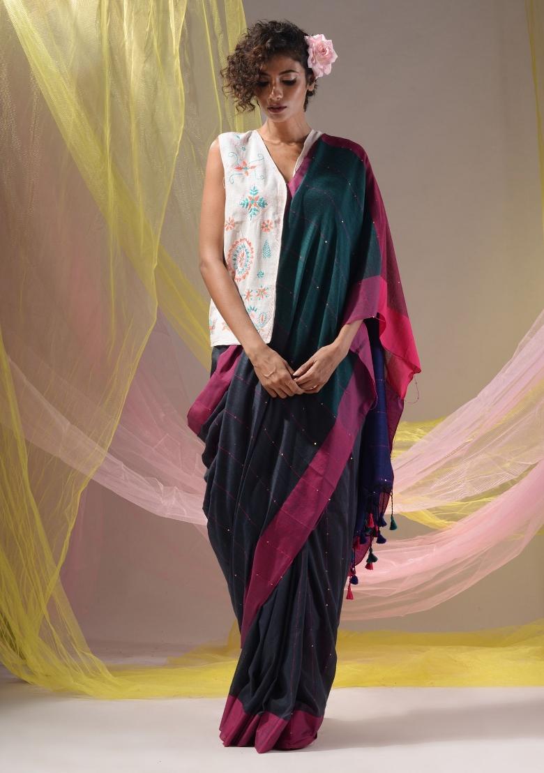 Grey Floral Embroidery Cotton Saree Set - Indya