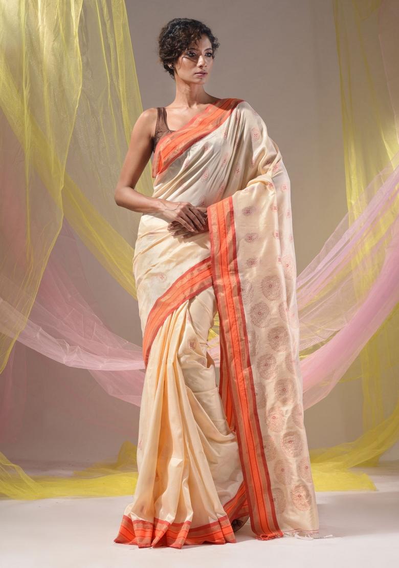 Cream Floral Embroidery Silk Saree Set