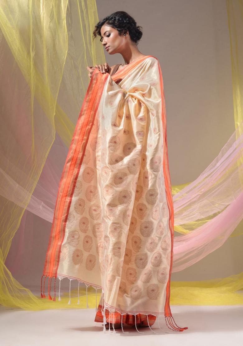 Cream Floral Embroidery Silk Saree Set - Indya