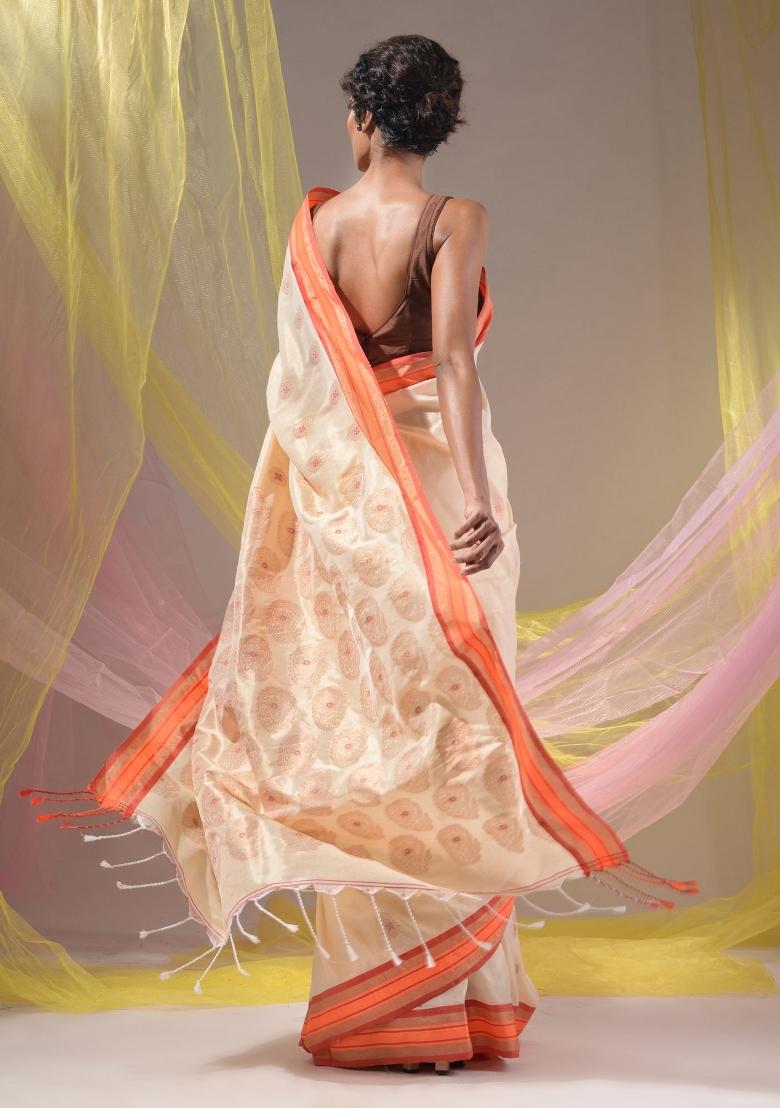 Cream Floral Embroidery Silk Saree Set