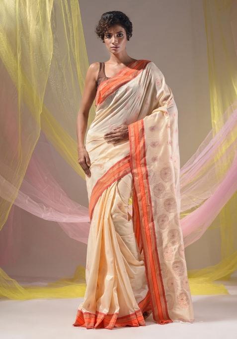 Cream Floral Embroidery Silk Saree Set