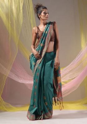 Teal Floral Embroidery Silk Saree Set