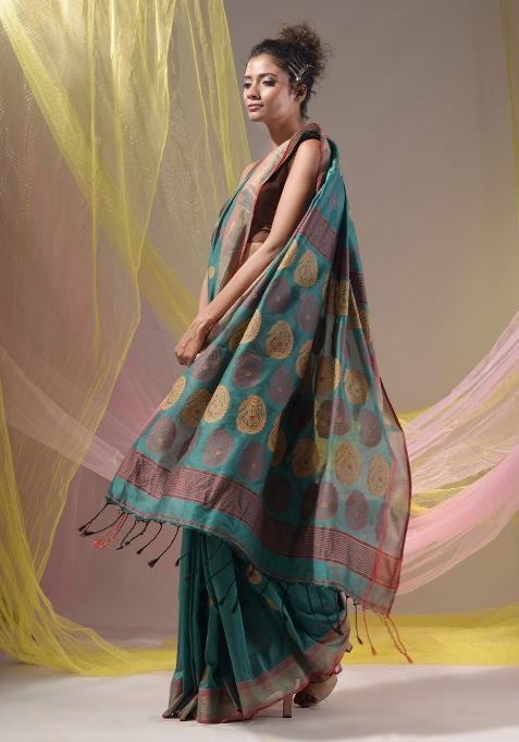 Teal Floral Embroidery Silk Saree Set
