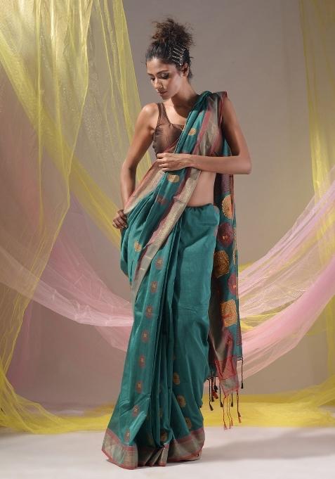 Teal Floral Embroidery Silk Saree Set