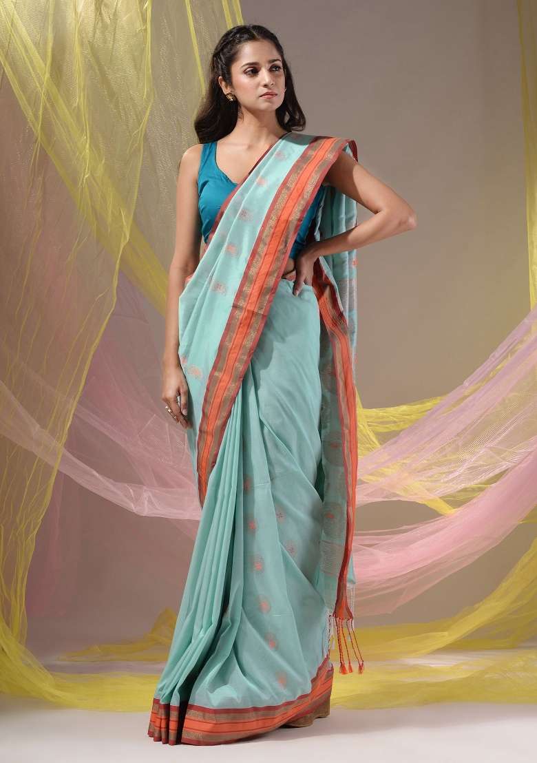 Sea Green Floral Embroidery Silk Blend Saree Set for Diwali and Festive Wear - Indya