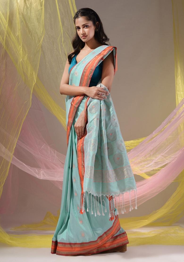 Sea Green Floral Embroidery Silk Saree Set - Indya