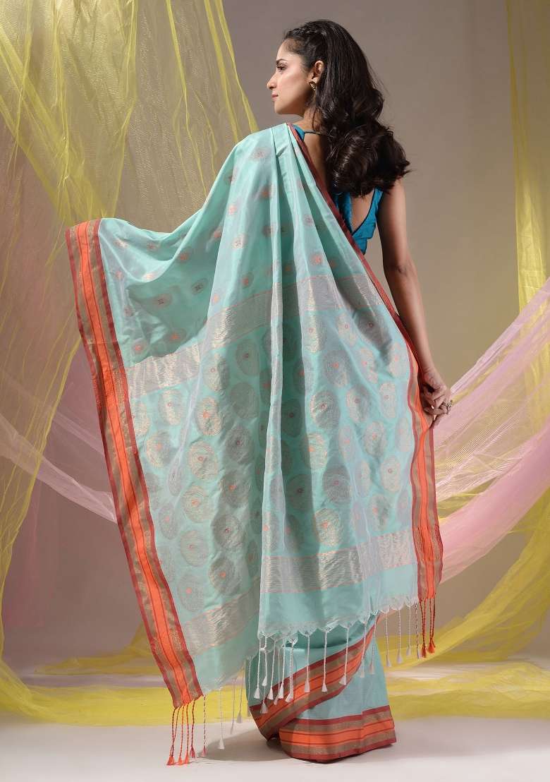 Sea Green Floral Embroidery Silk Blend Saree Set for Diwali and Festive Wear - Indya