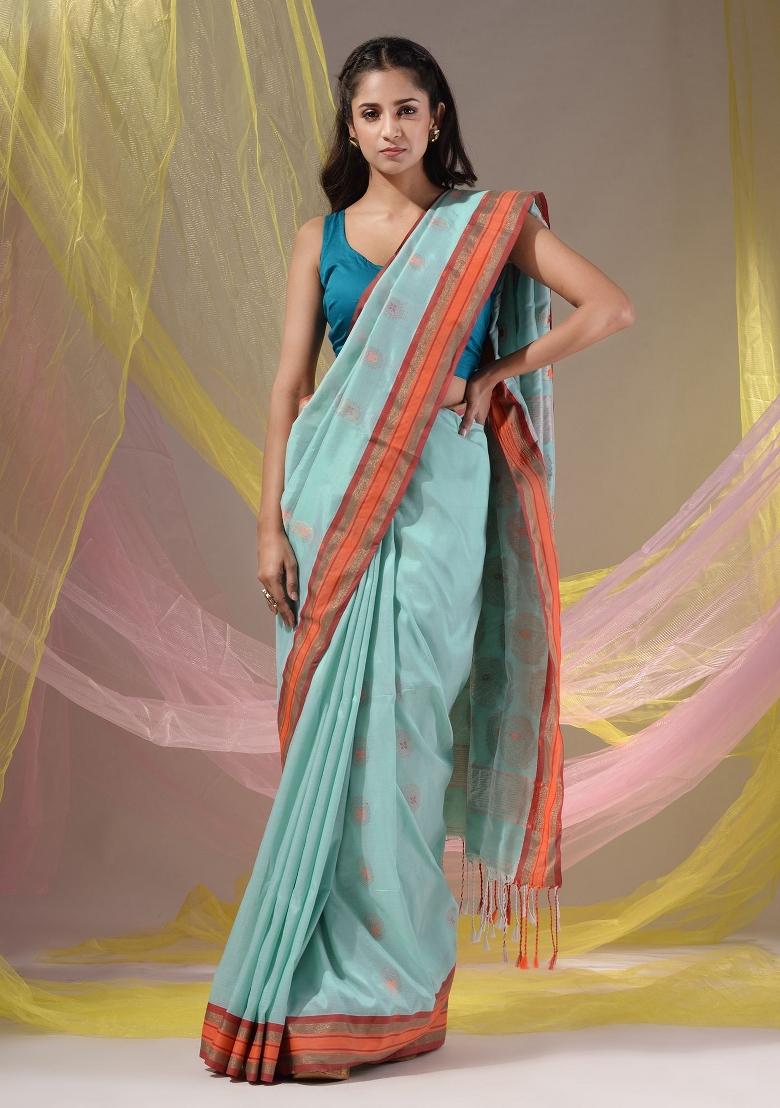 Sea Green Floral Embroidery Silk Saree Set - Indya