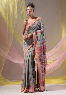 Grey Floral Embroidery Silk Saree Set