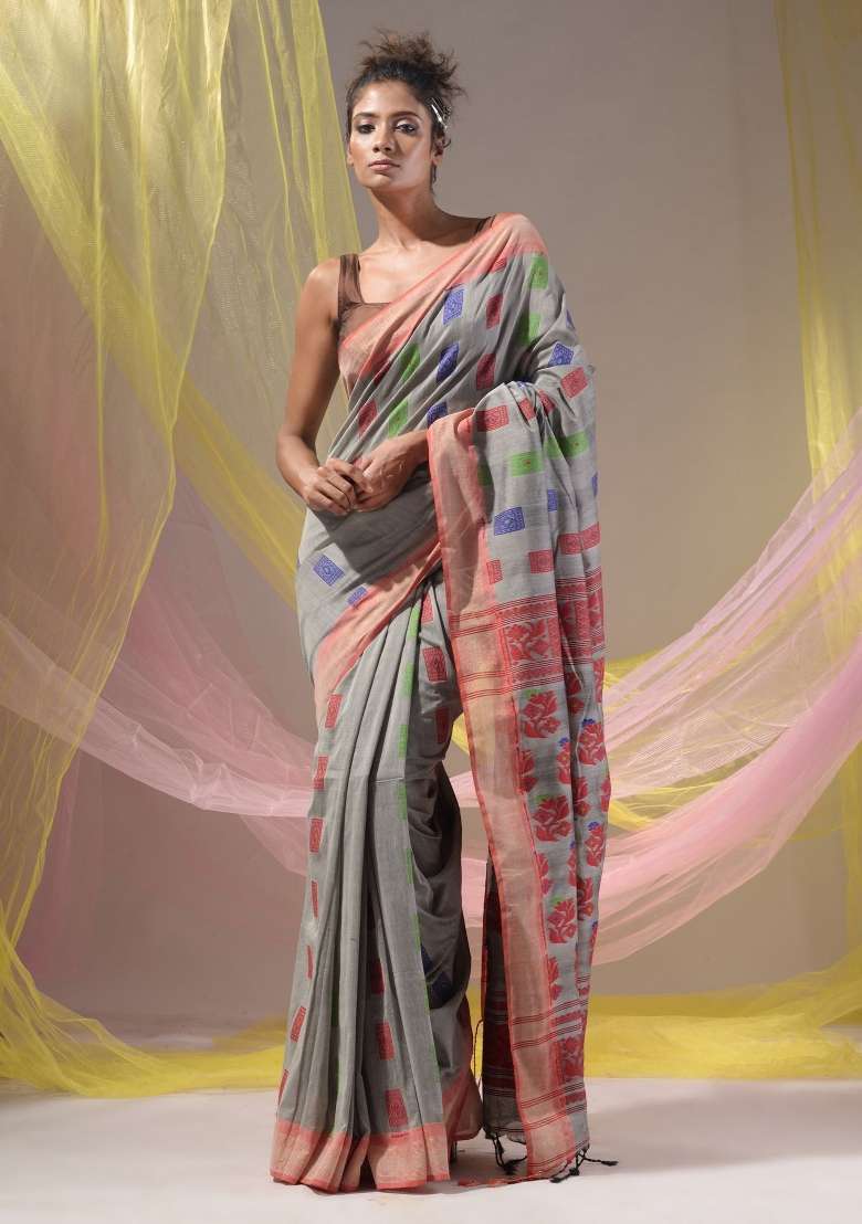 Grey Floral Embroidery Silk Blend Saree Set - Indya