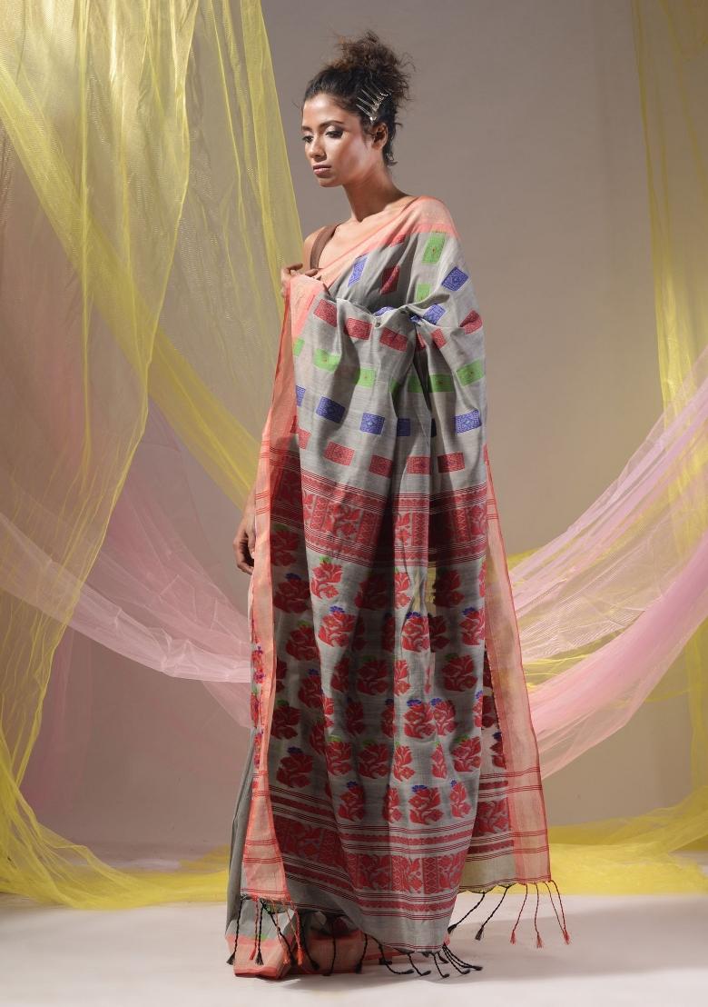 Grey Floral Embroidery Silk Saree Set - Indya