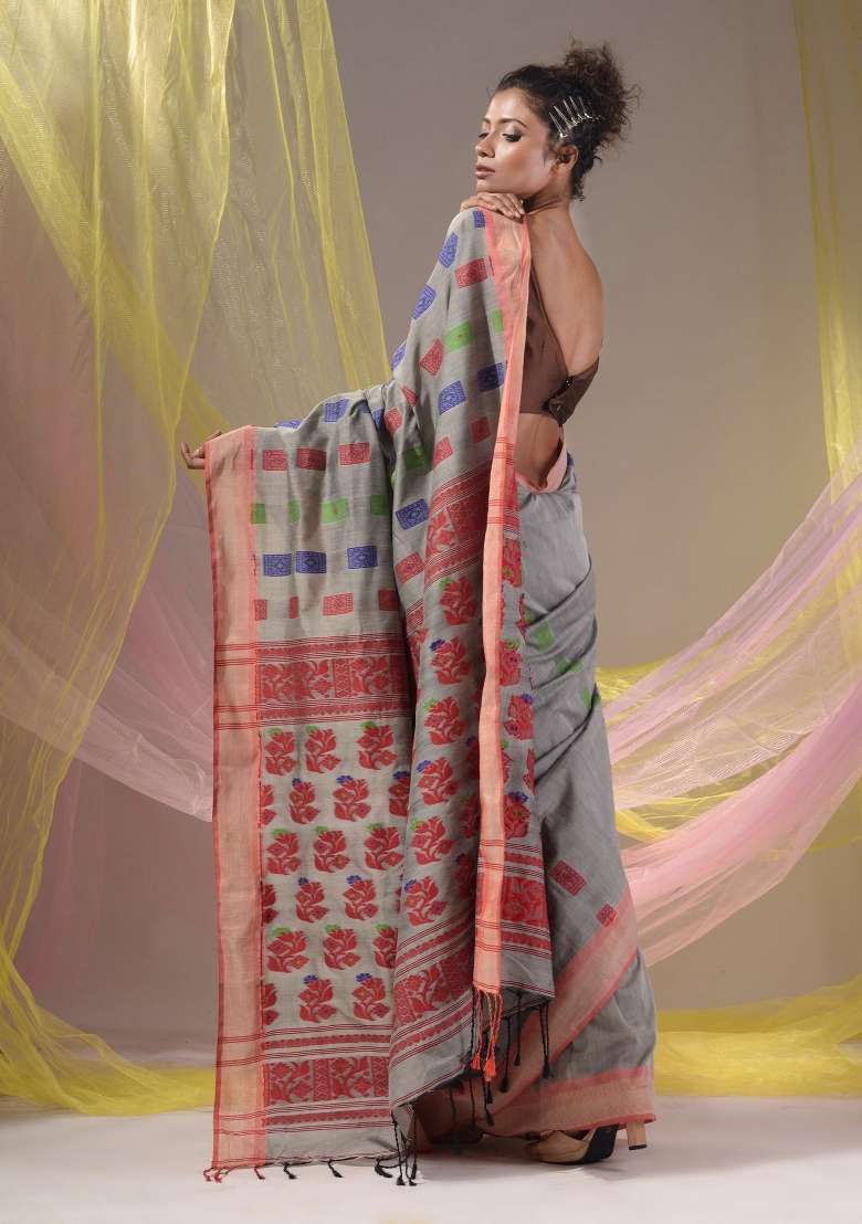 Grey Floral Embroidery Silk Blend Saree Set - Indya