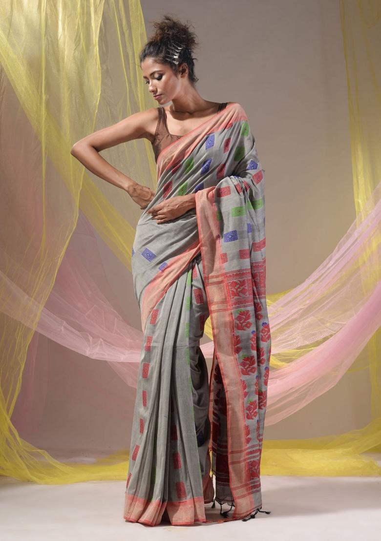 Grey Floral Embroidery Silk Saree Set - Indya