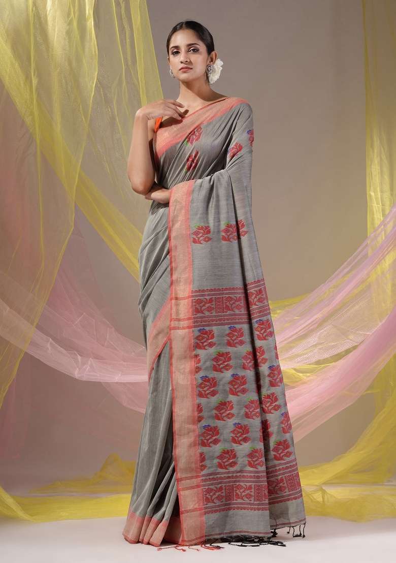 Grey Floral Embroidery Silk Blend Saree Set for Diwali and Festive Wear - Indya