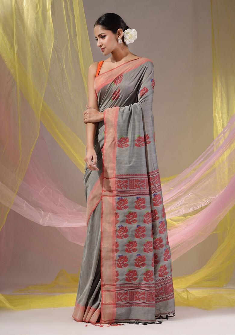 Grey Floral Embroidery Silk Saree Set - Indya