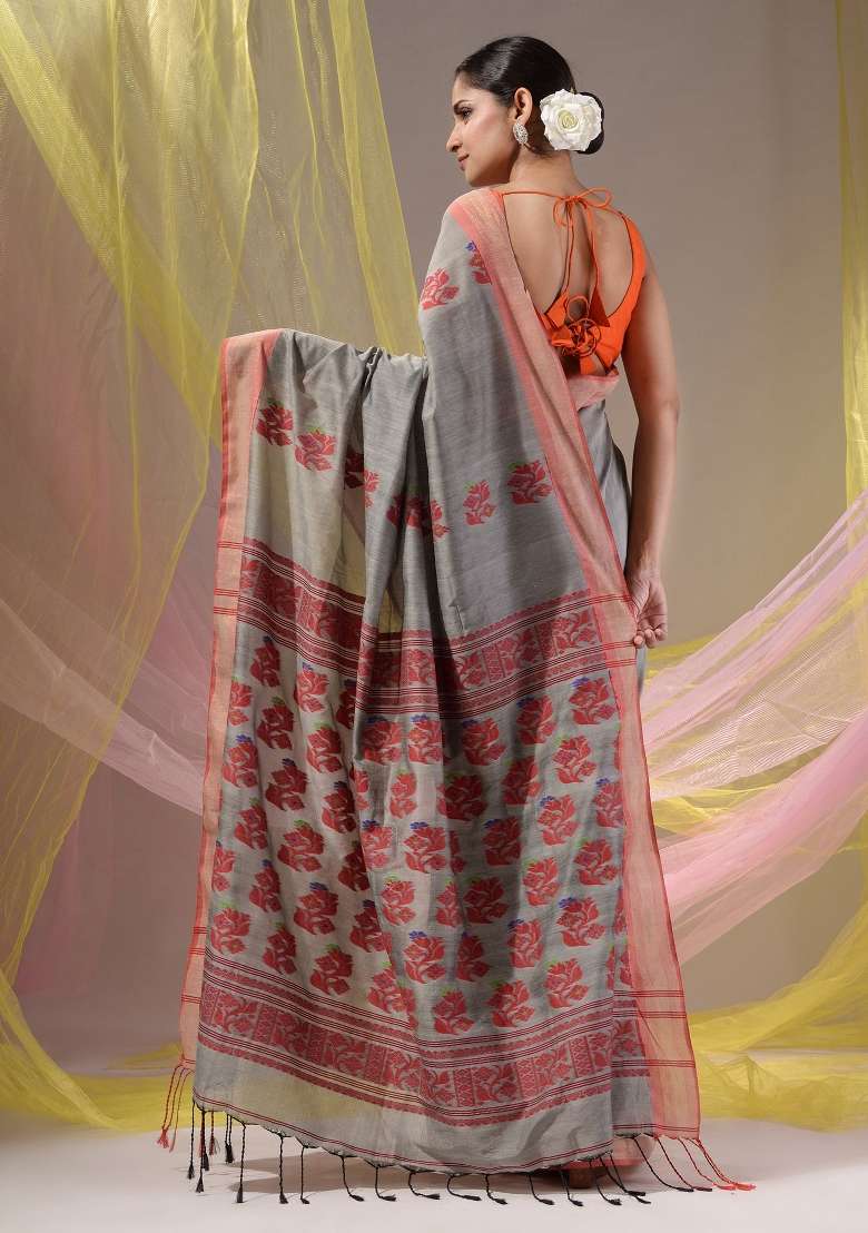 Grey Floral Embroidery Silk Blend Saree Set for Diwali and Festive Wear - Indya