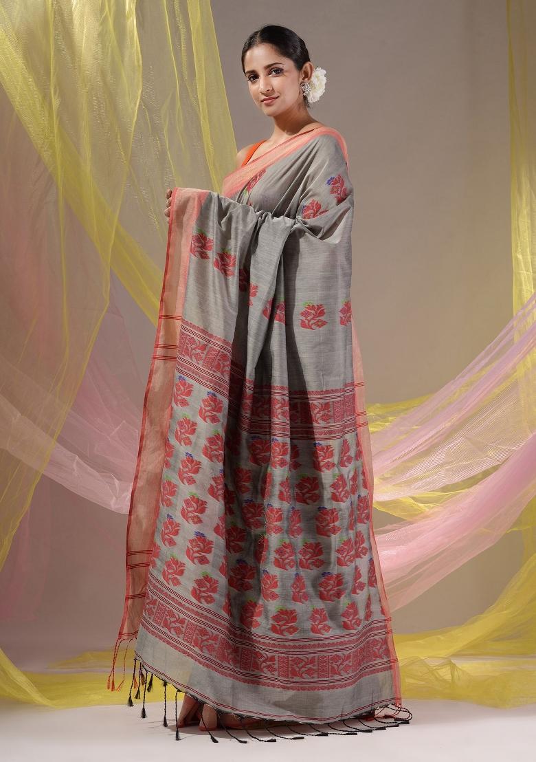 Grey Floral Embroidery Silk Saree Set - Indya