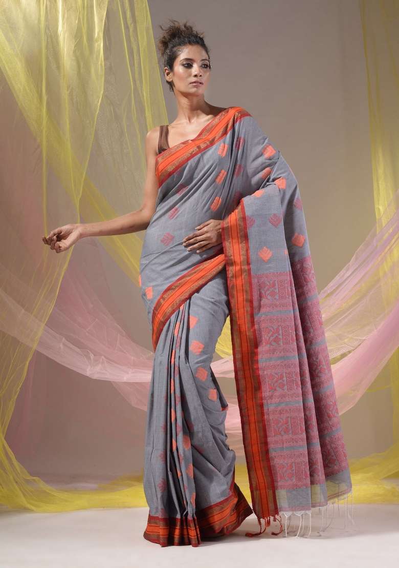 Shark Grey Floral Embroidery Silk Blend Saree Set for Diwali and Festive Wear - Indya
