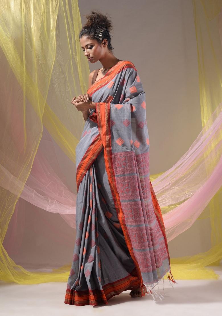 Shark Grey Floral Embroidery Silk Saree Set - Indya