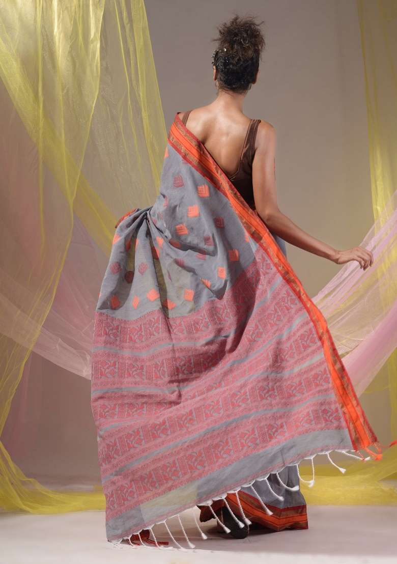 Shark Grey Floral Embroidery Silk Blend Saree Set for Diwali and Festive Wear - Indya