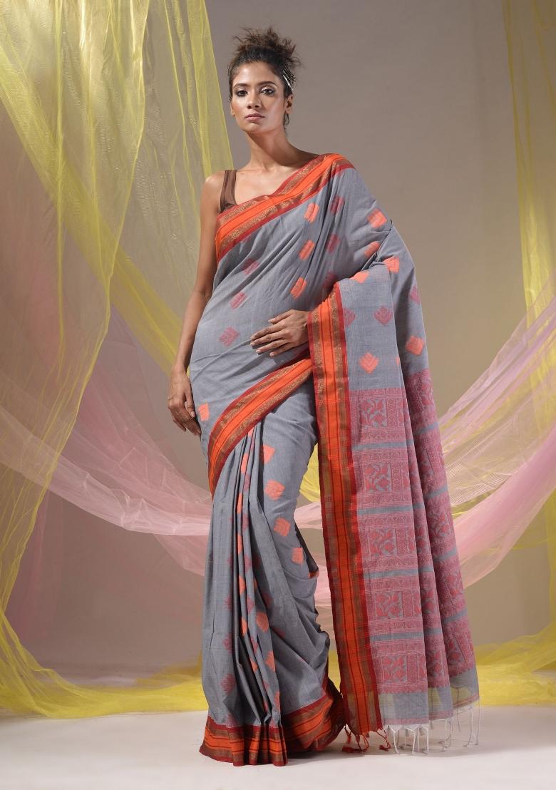 Shark Grey Floral Embroidery Silk Saree Set - Indya