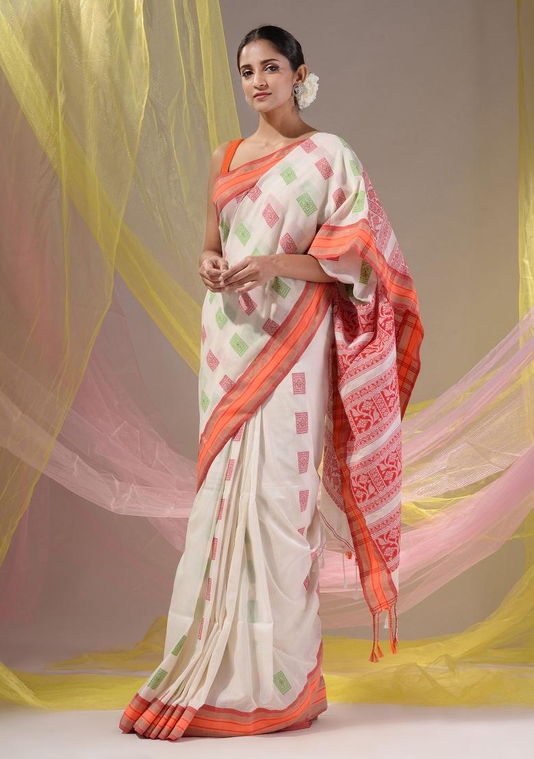Off White Floral Embroidery Silk Saree Set