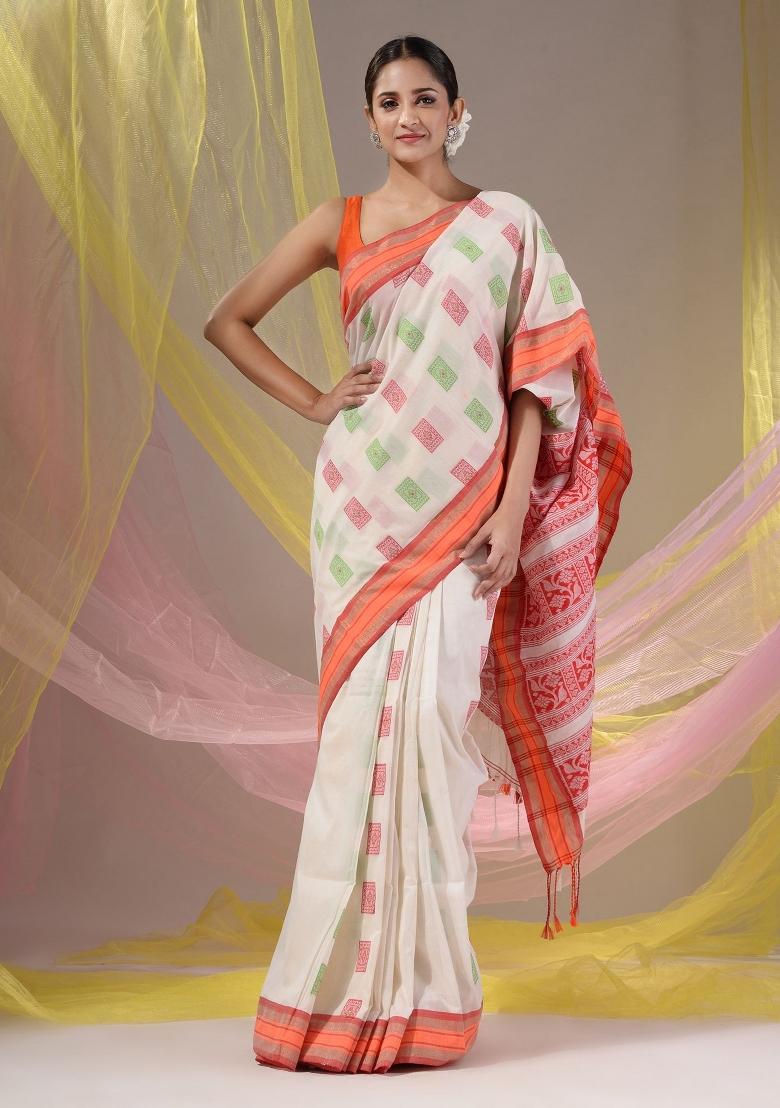 Off White Floral Embroidery Silk Saree Set - Indya