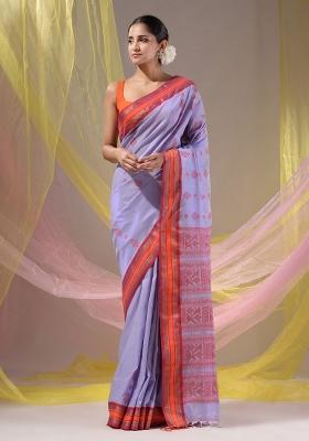 Lavender Floral Embroidery Silk Saree Set