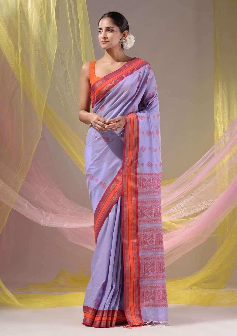 Lavender Floral Silk Blend Saree Set with Embroidery for Diwali | Wedding & Festive Wear - Indya