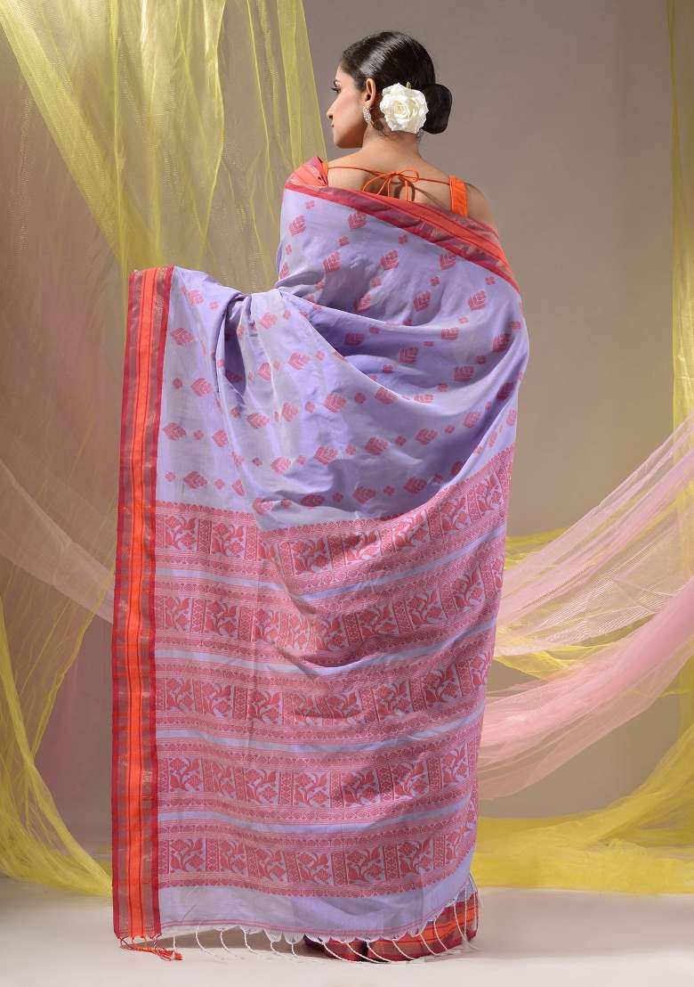 Lavender Floral Silk Blend Saree Set with Embroidery for Diwali | Wedding & Festive Wear - Indya