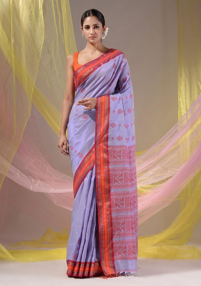 Lavender Floral Embroidery Silk Saree Set - Indya