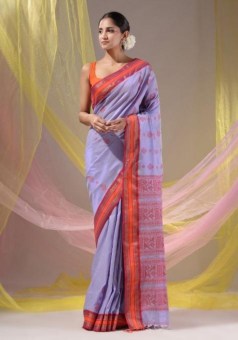 Lavender Floral Embroidery Silk Saree Set