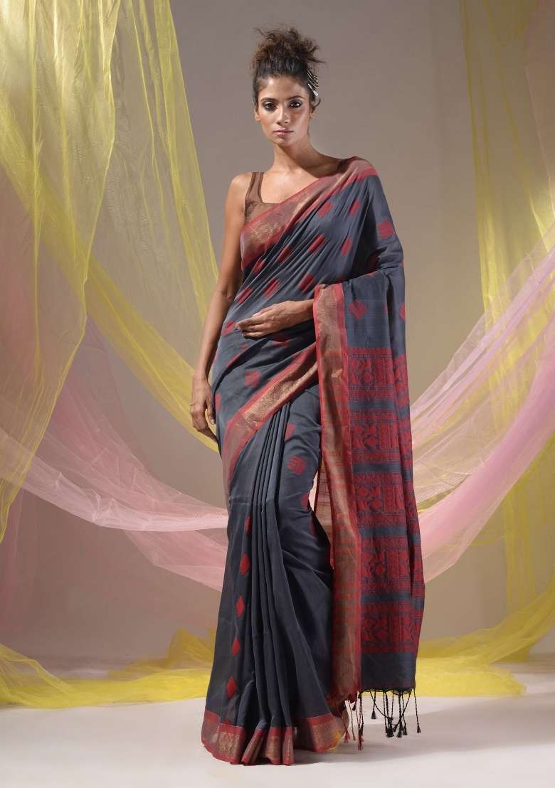 Shadow Grey Floral Embroidery Silk Saree Set - Indya