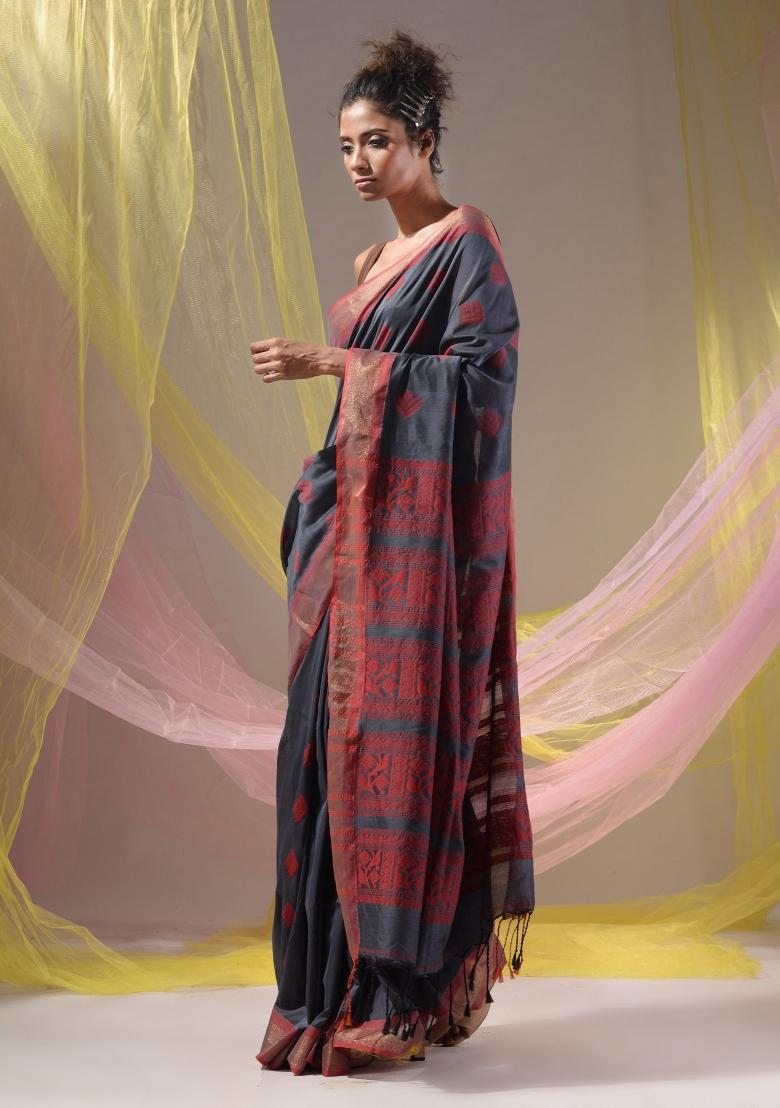 Shadow Grey Floral Embroidery Silk Saree Set - Indya