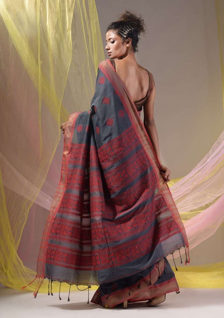 Shadow Grey Floral Embroidery Silk Saree Set - Indya