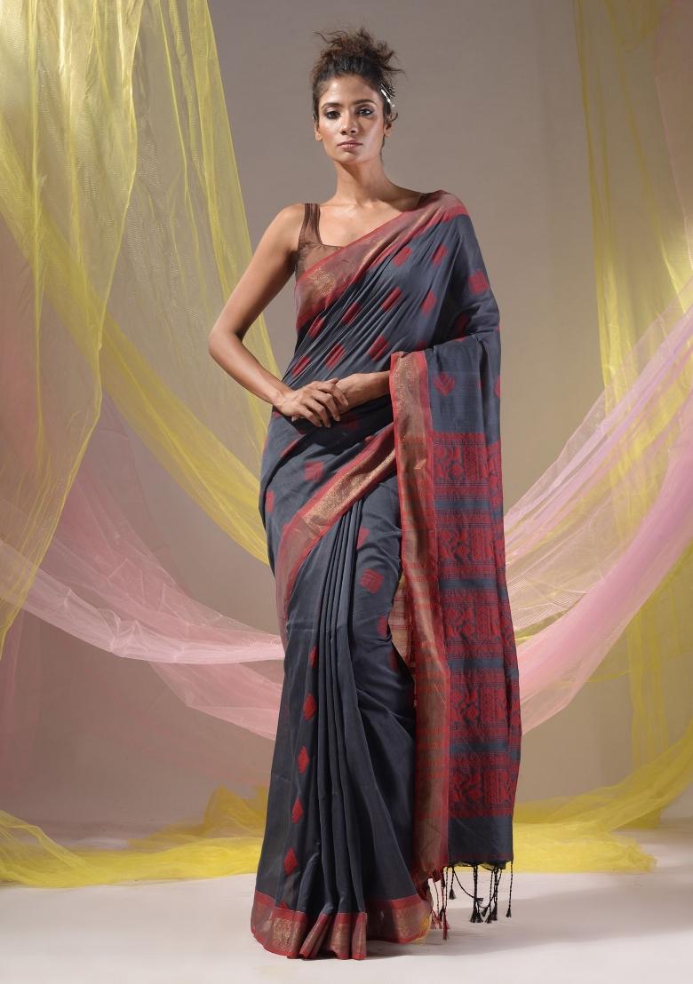 Shadow Grey Floral Embroidery Silk Saree Set - Indya