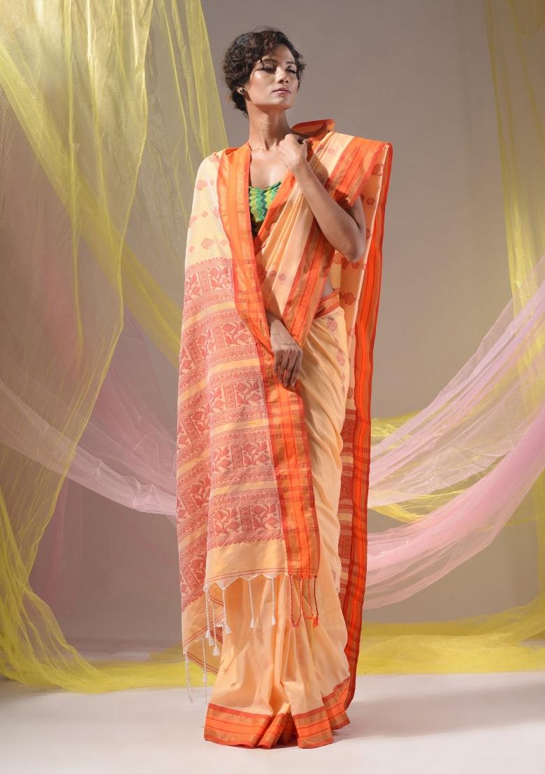 Cream Floral Embroidery Silk Saree Set - Indya