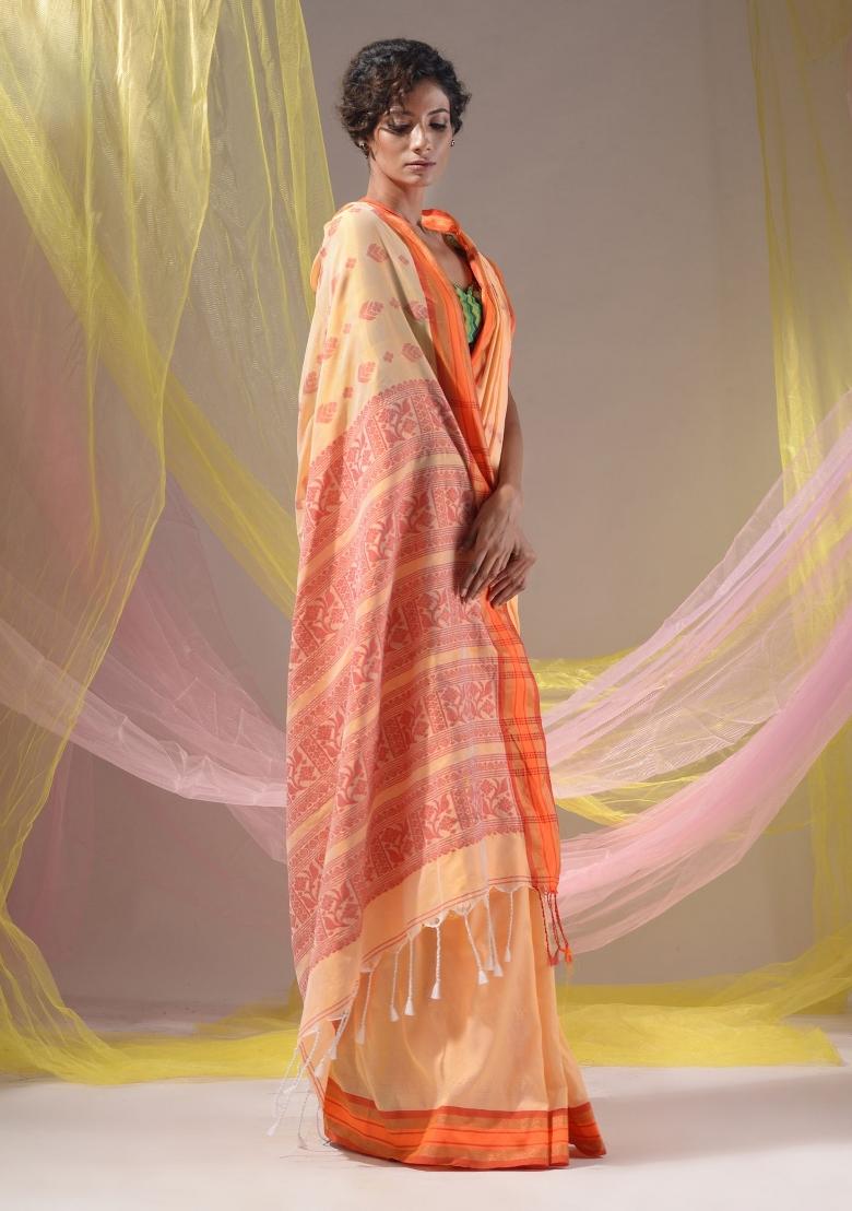 Cream Floral Embroidery Silk Saree Set