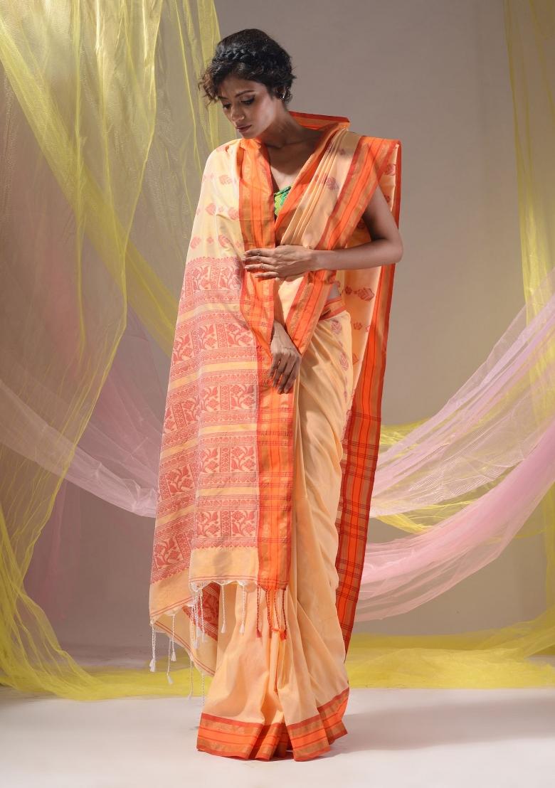 Cream Floral Embroidery Silk Saree Set