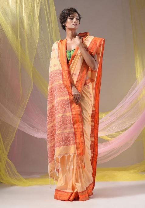 Cream Floral Embroidery Silk Saree Set