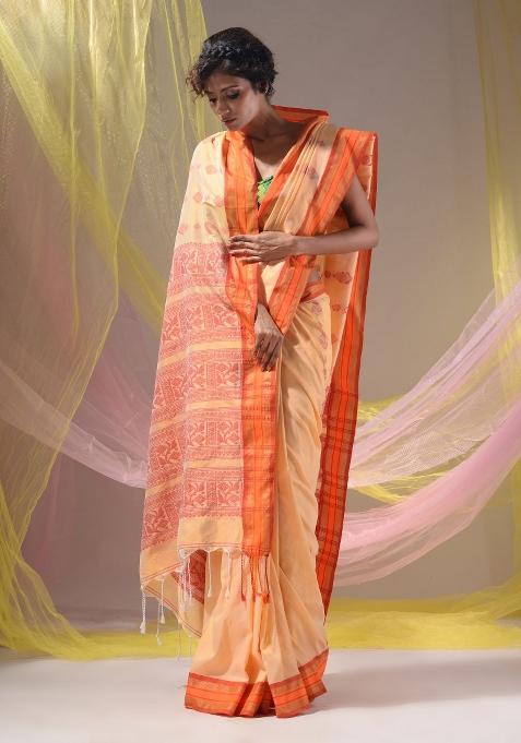 Cream Floral Embroidery Silk Saree Set